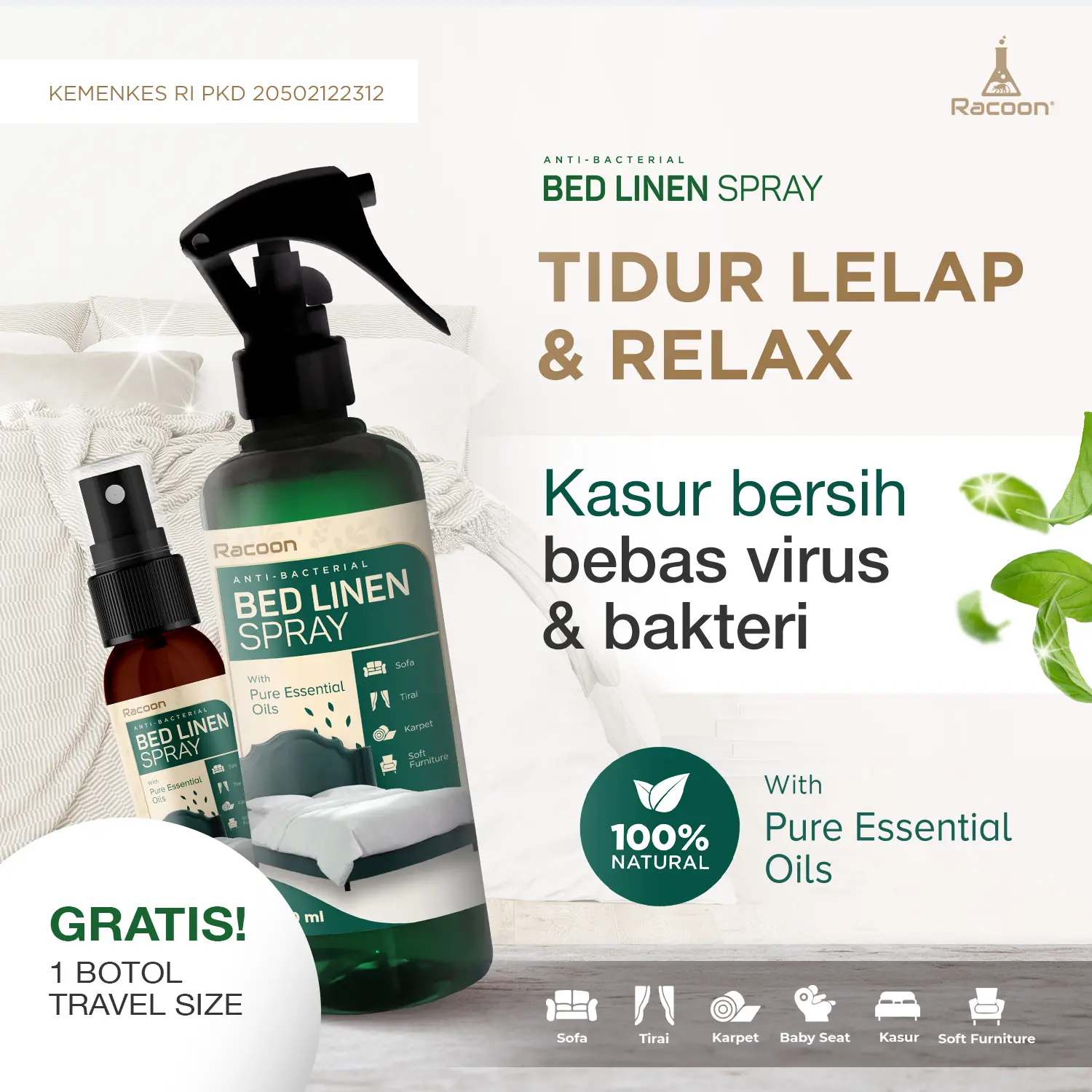 Racoon Bed Linen Spray 250ml Anti Bakteri & Tungau Essential Oil