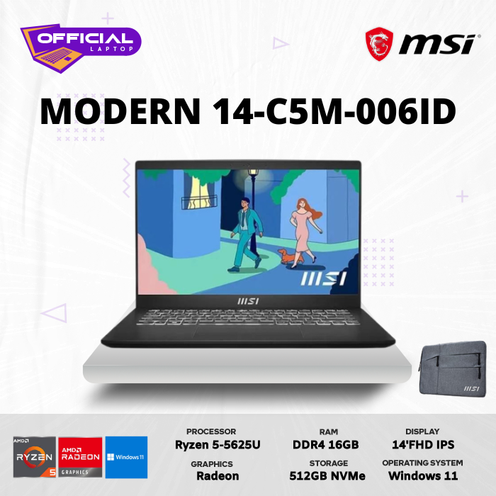 Gambar MSI Modern 14-C5M-006ID Ryzen 5 5825U 16GB SSD512GB W11 dari official laptop Kota Yogyakarta Tokopedia