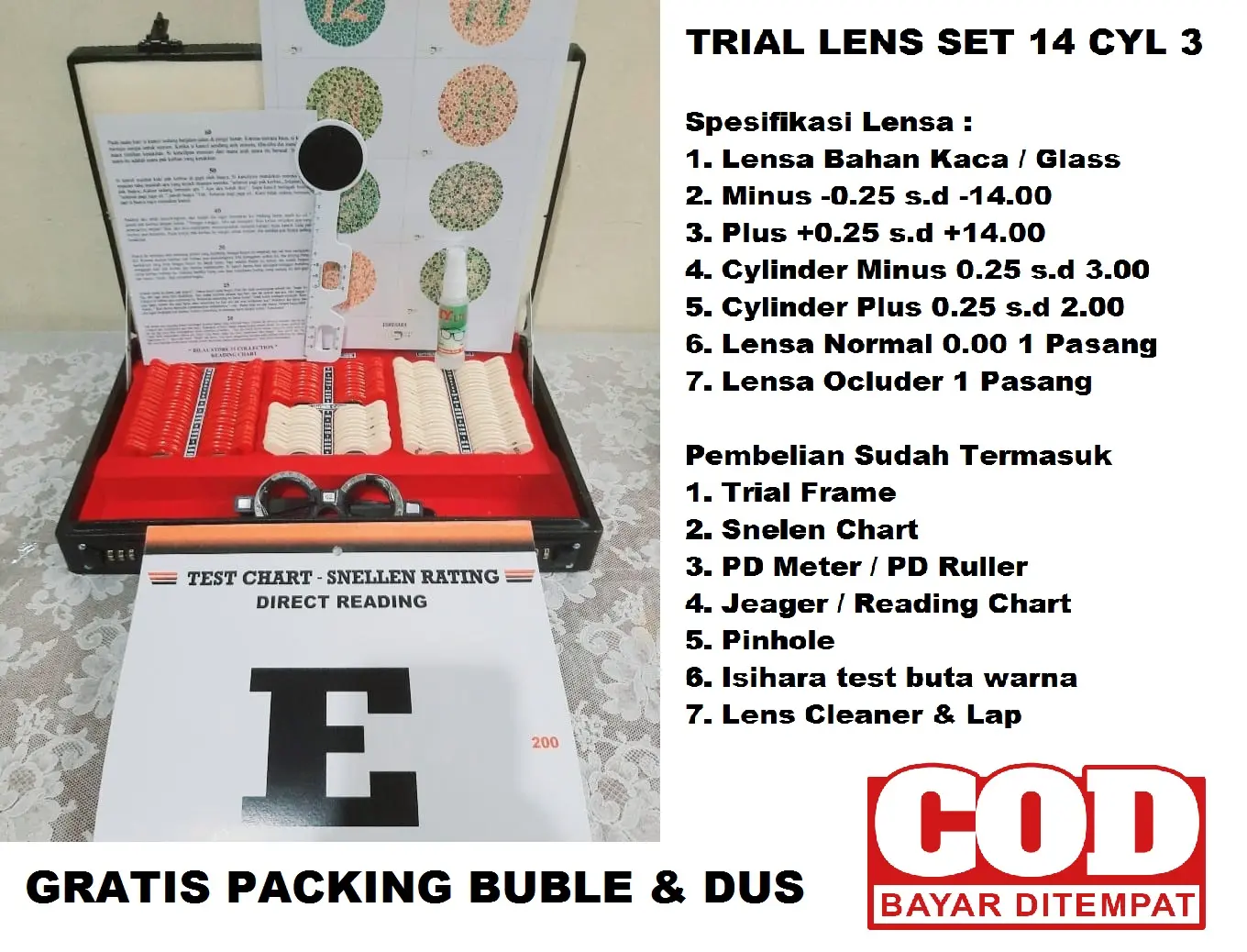 Trial Lens Set Alat Periksa Mata 14D Cyl 3 FREE PINHOLE-ISHIHARA