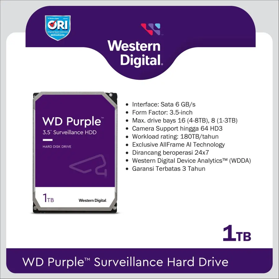 Hardisk WD Purple 1 TB CCTV Original Garansi Resmi