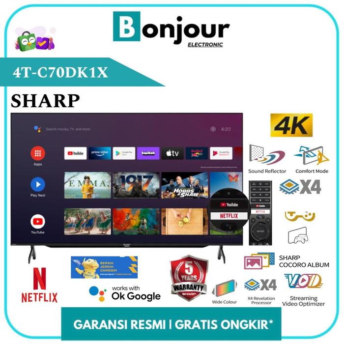 Gambar LED TV Sharp 70 Inch 70DK1X 4T-C70DK1X 4K Android TV 70" Sharp 70DK dari Bonjour Electronic Official Kota Depok Tokopedia