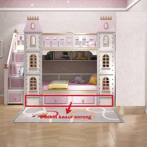Ranjang tingkat anak 3 kasur motif istana, tempat tidur tingkat sorong bed headboard