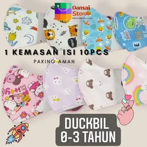 Damai Store Masker Duckbill Bayi Batita UMUR 0-3 tahun isi 10 pcs PACK Bahan Aman Lembut Tidak Berbulu Motif Random