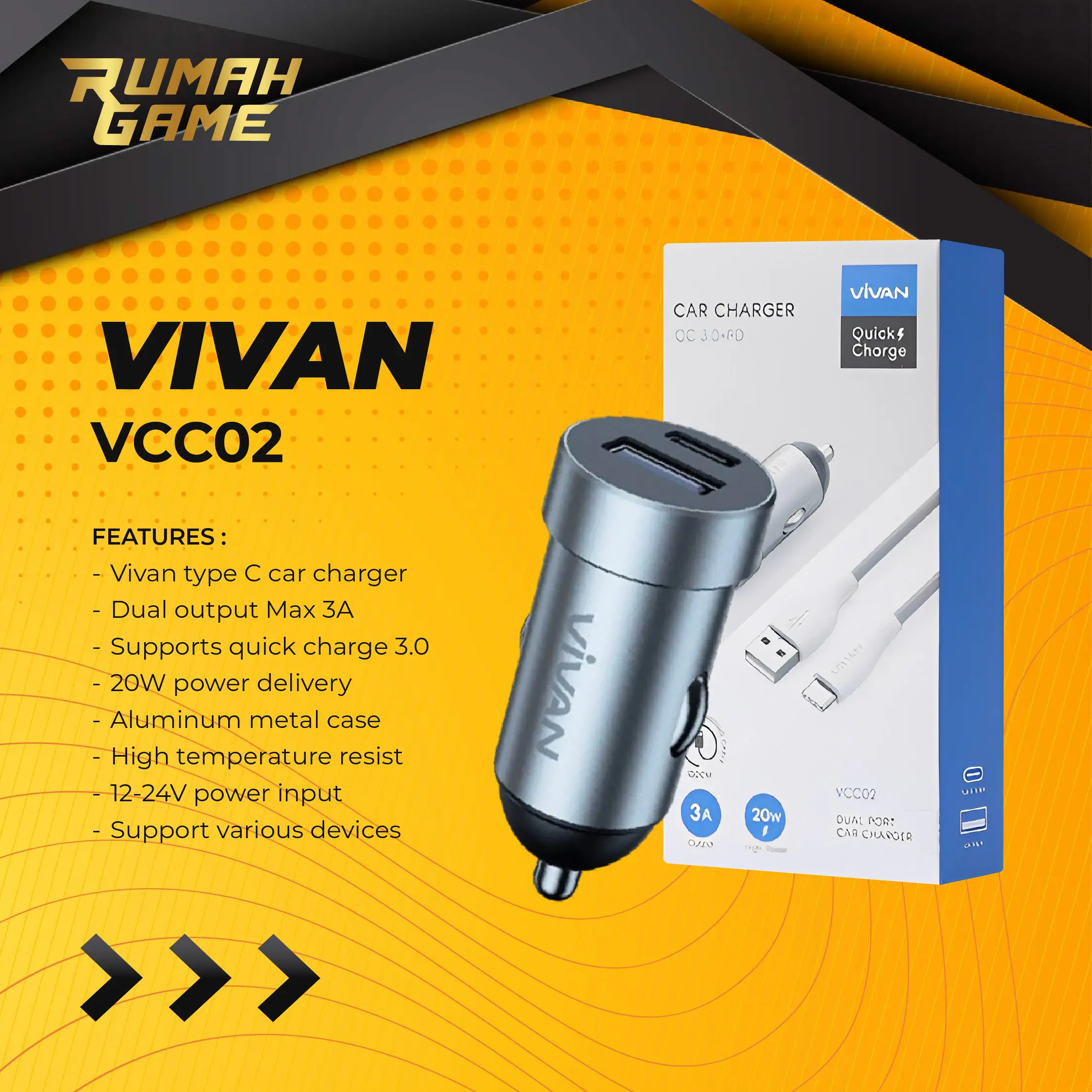 Fast Chargering Mobil Vivan VCC02 type C 3 Ampere Dual Output PD 3.0