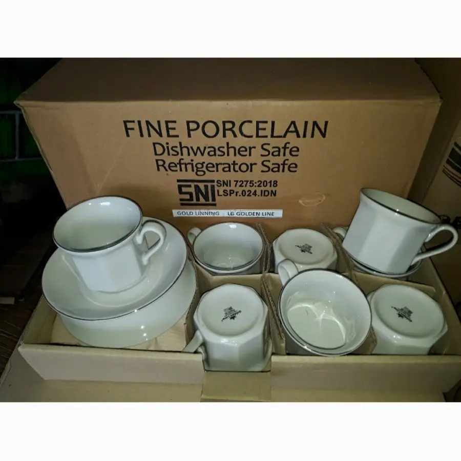 Cangkir Set Porcelain Putih Polos List Emas Golden Line isi 6pcs