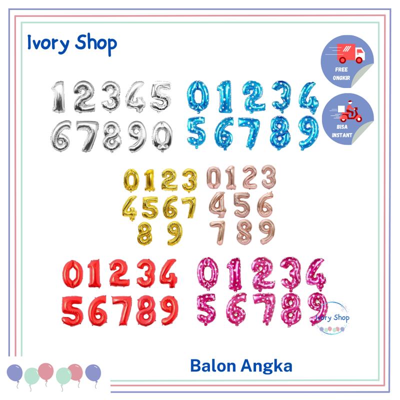 Balon Foil Huruf Abjad Letter Angka Pink Biru Merah Red Blue 1