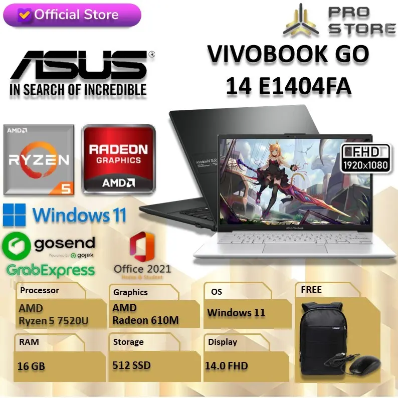 ASUS VIVOBOOK GO 14 E1404FA RYZEN 5 7520 16GB 512GB W11+OHS 14.0FHD