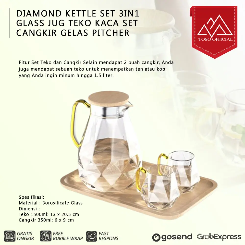 DIAMOND KETTLE SET 3IN1 GLASS JUG TEKO KACA SET CANGKIR GELAS PITCHER