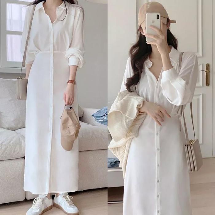 Maxi Long Dress Kemeja Lengan Panjang Outer Luaran Baju Terusan Wanita -  Putih, L di Broadway Style | Tokopedia