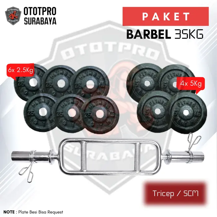 Gambar Paket Gym Stick Tricep Bar 5cm + Plate beban besi 35kg-Dumbell Barbel dari Ototpro Surabaya Kota Surabaya 5 Tokopedia