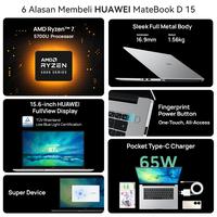 Gambar HUAWEI MateBook D 15 AMD Ryzen 7 5700U 8+512GB SSD Sleek Metal Body - Mystic Silver dari Huawei Indonesia Kota Tangerang 2 Tokopedia