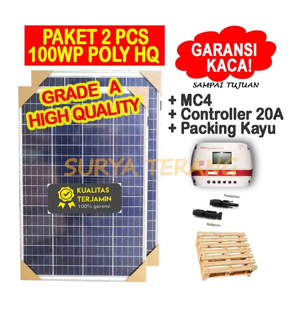 Paket 2pcs Solar Panel Surya 100p Poly HQ + Controller 20A + MC4