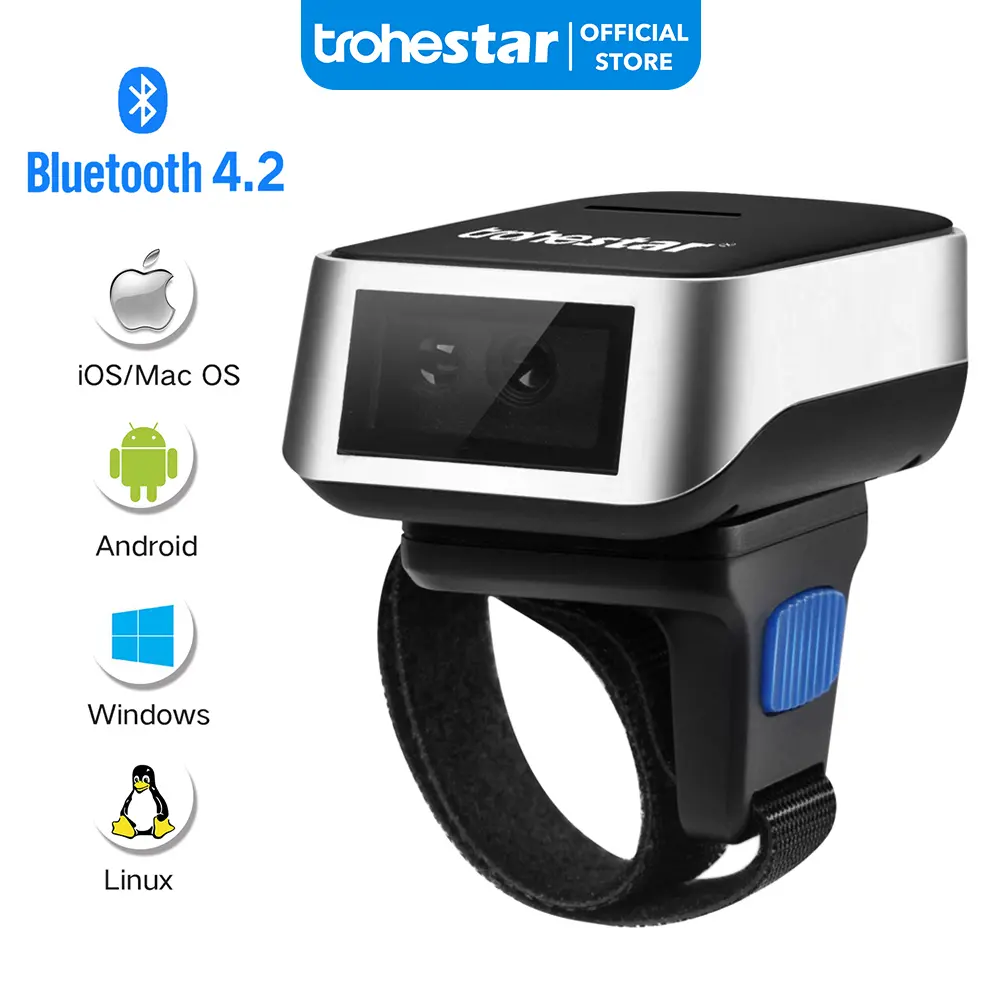 trohestar Ring Barcode Scanner Portabel 1D Finger BarCode Reader N8-1D