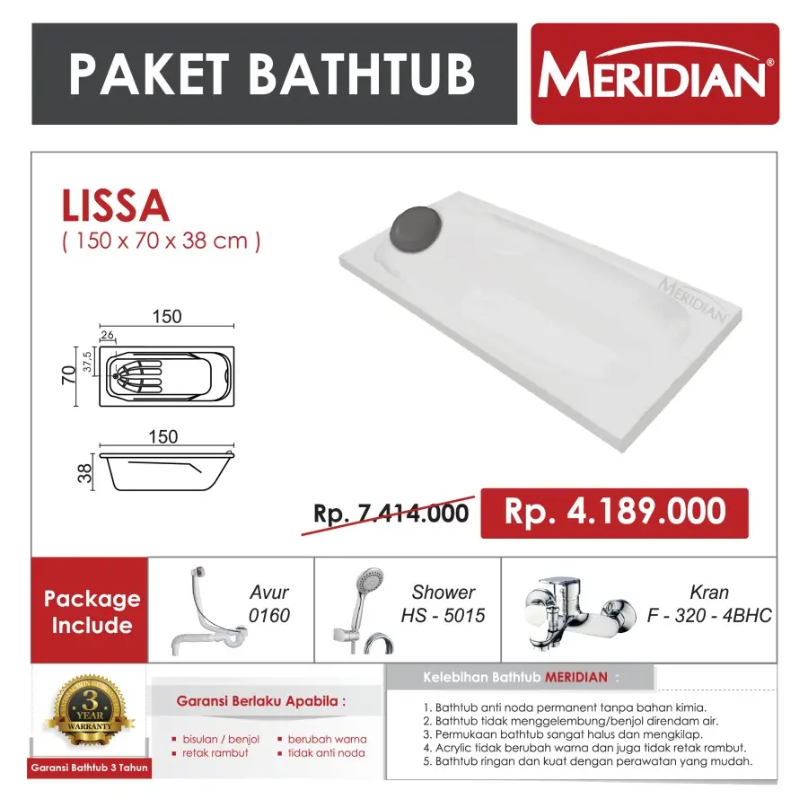BATHUB ACRYLIC CRYSTAL MERIDIAN - LISSA B (PAKET)