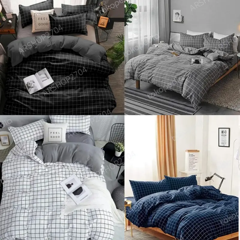 set bed cover motif kotak kotak ukuran king 180x200/queen 160x200 1