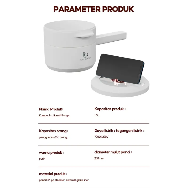 HAN RIVER panci listrik 1.5L Kompor listrik pintar Pelajar/Asrama 6