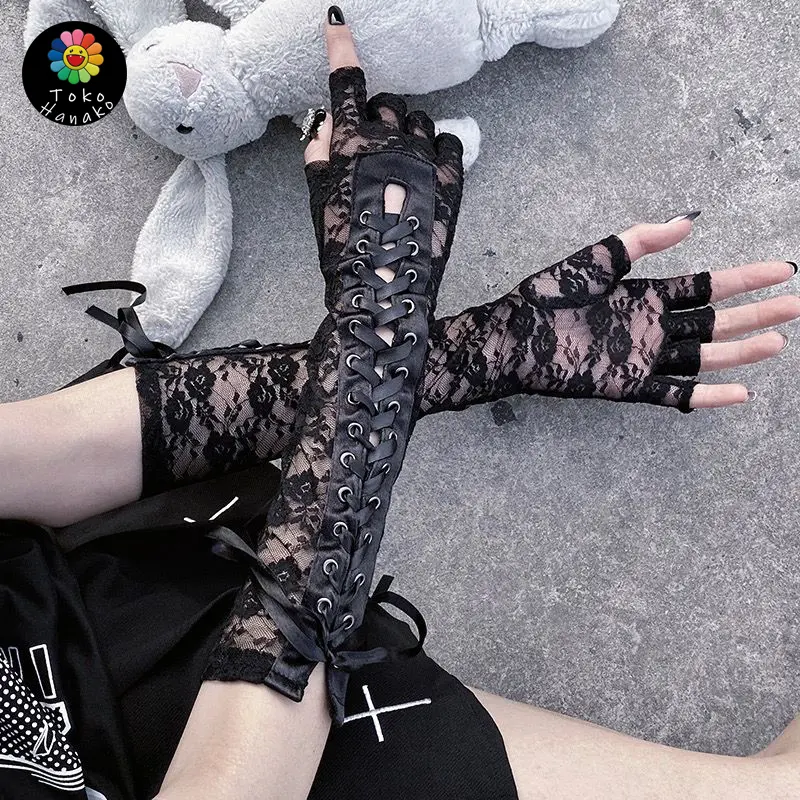 Sarung Tangan Panjang Setengah Jari Renda Ikat Pita Gothikal