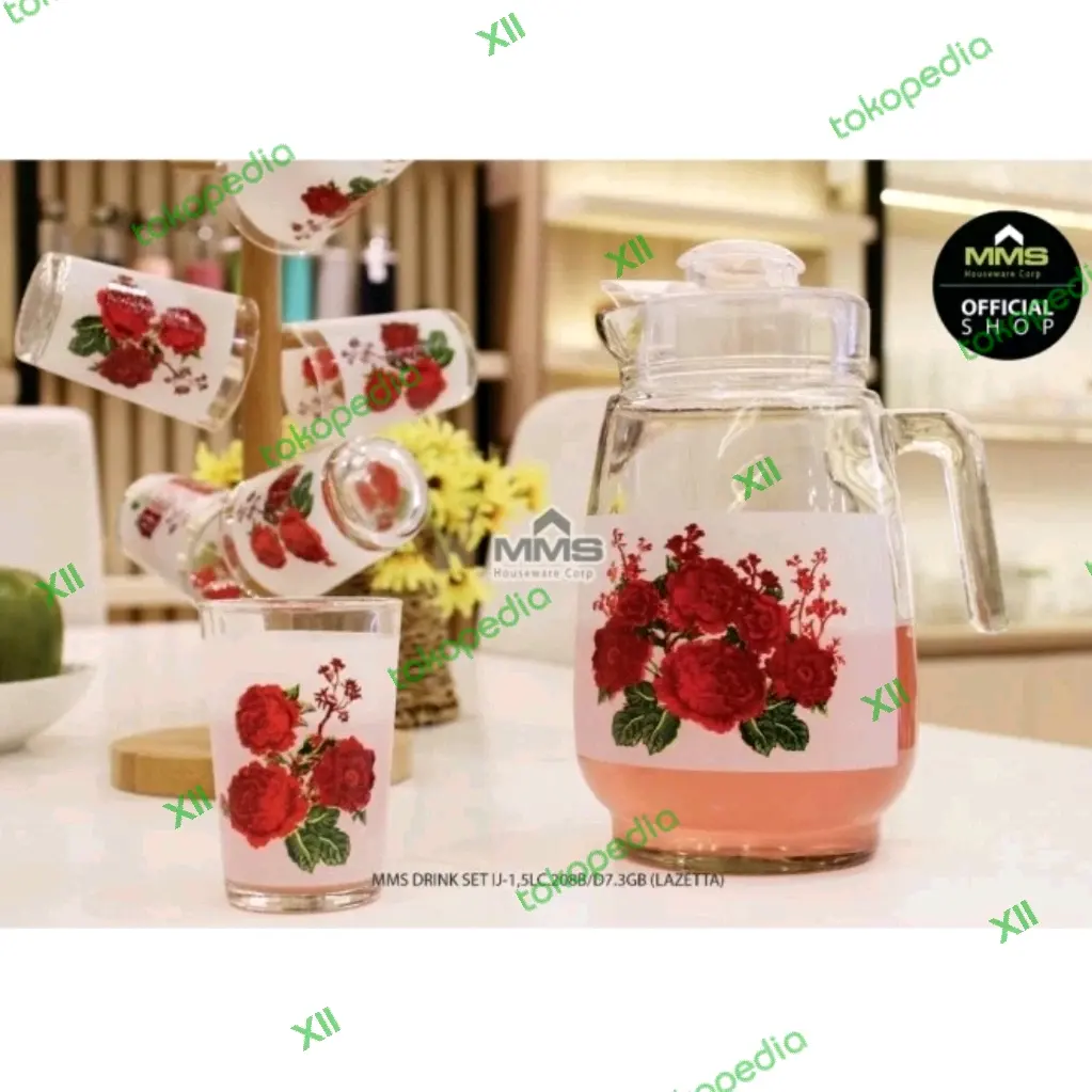 MMS LAZETTA Glass Drink Set 7 Pcs Teko Pitcher + Gelas Motif Bunga
