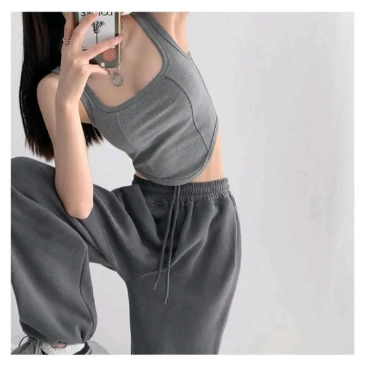 Tanktop crop garis dua oval Korea masa kini