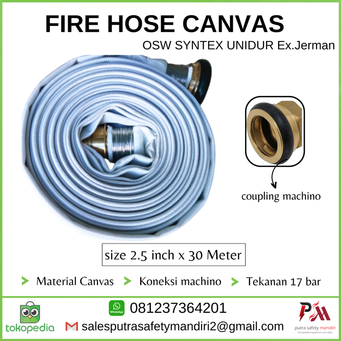 Gambar HYDRANT FIRE HOSE CANVAS OSW SYNTEX UNIDUR 2.5 x 30 M COUPLING MACHINO dari Putra safety mandiri 2 Kota Administrasi Jakarta Utara Tokopedia