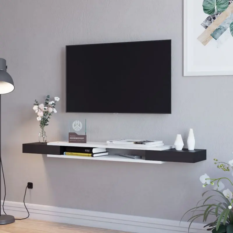 Rak TV Gantung Minimalis V1 & V2 - Playwood Grade A, 60/80cm, Hitam/Putih, Multifungsi, Serbaguna, Hiasan & Penyimpanan, Furniture Modern, Paket Lengkap - Meja