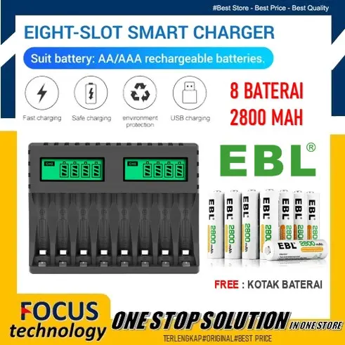 EBL Battery AA 2800 mAh 4 Pack With Smart Charger 8 Slot