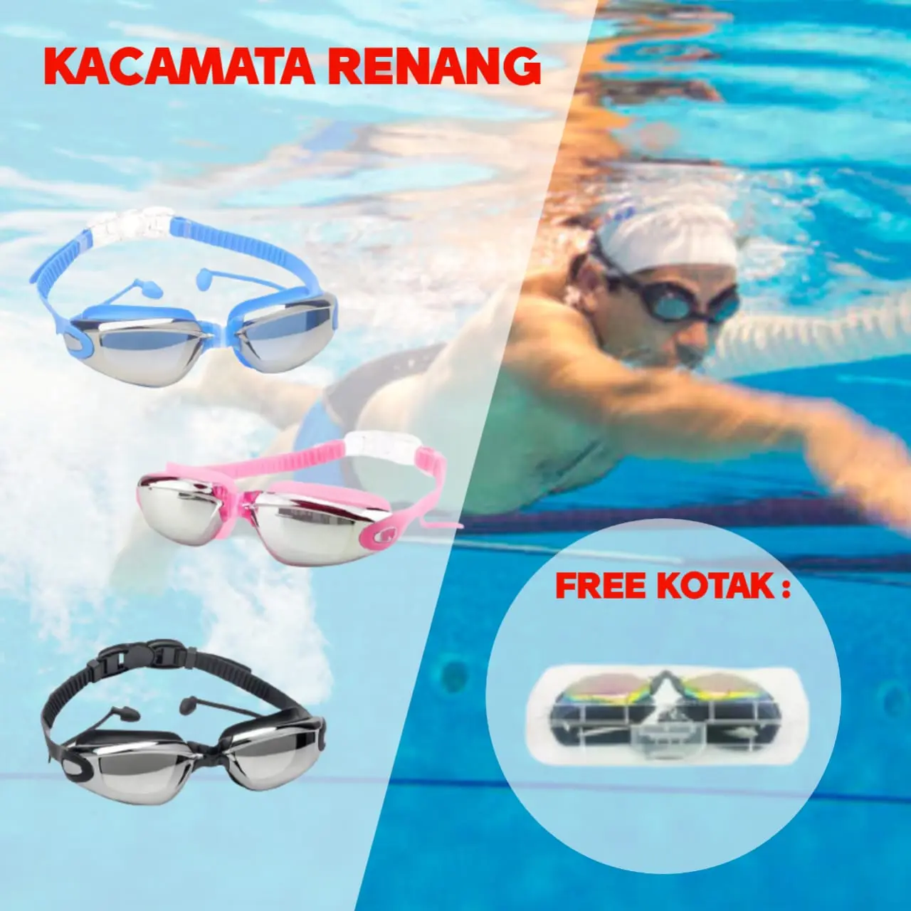 KickGo Kacamata Renang Plus Penutup Telinga Dewasa Remaja