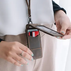 Gantungan ID Card Kulit Sapi Crazy Horse Double Flip Magnet Sean Reven Tali Lanyard Kulit Asli Warna Cokelat dan Tan