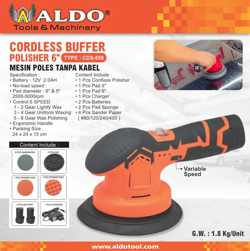 CORDLESS POLISHER 6" / MESIN POLES PAKAI BATERAI CDS-659  MERK ALDO