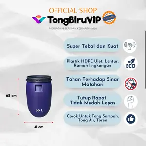 60L Tong Sampah Plastik Tebal & Kuat dengan Tutup – Tempat Sampah Rumah / Kantor Biru