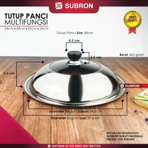 SUBRON Tutup Wajan Panci Ø38 Cm Multifungsi Kombinasi Stainless Kaca