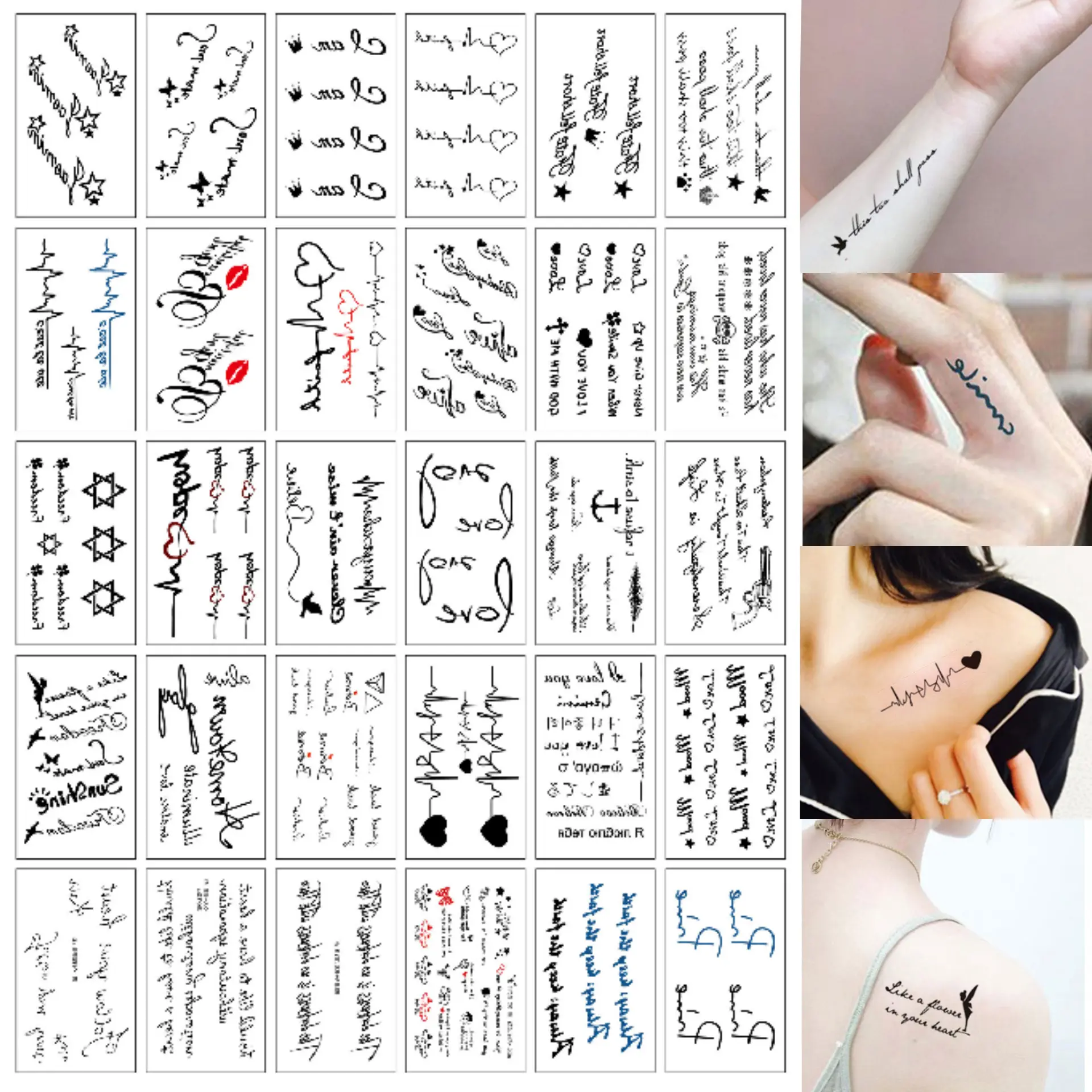 30 PCS Grosir Termurah Stiker Tato Tulisan Aesthetic Lucu Tato Temporary KODE A 6x10cm Halal Aman Tidak Beracun Cocok untuk Pesta dan Selfie