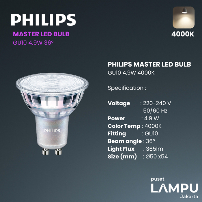 Gambar PHILIPS MASTER GU10 4.9WATT 4.9W 3000K 36D DIMMABLE 220VOLT PHILIPS - 4000K dari Pusat Lampu Jakarta Kota Administrasi Jakarta Pusat 5 Tokopedia