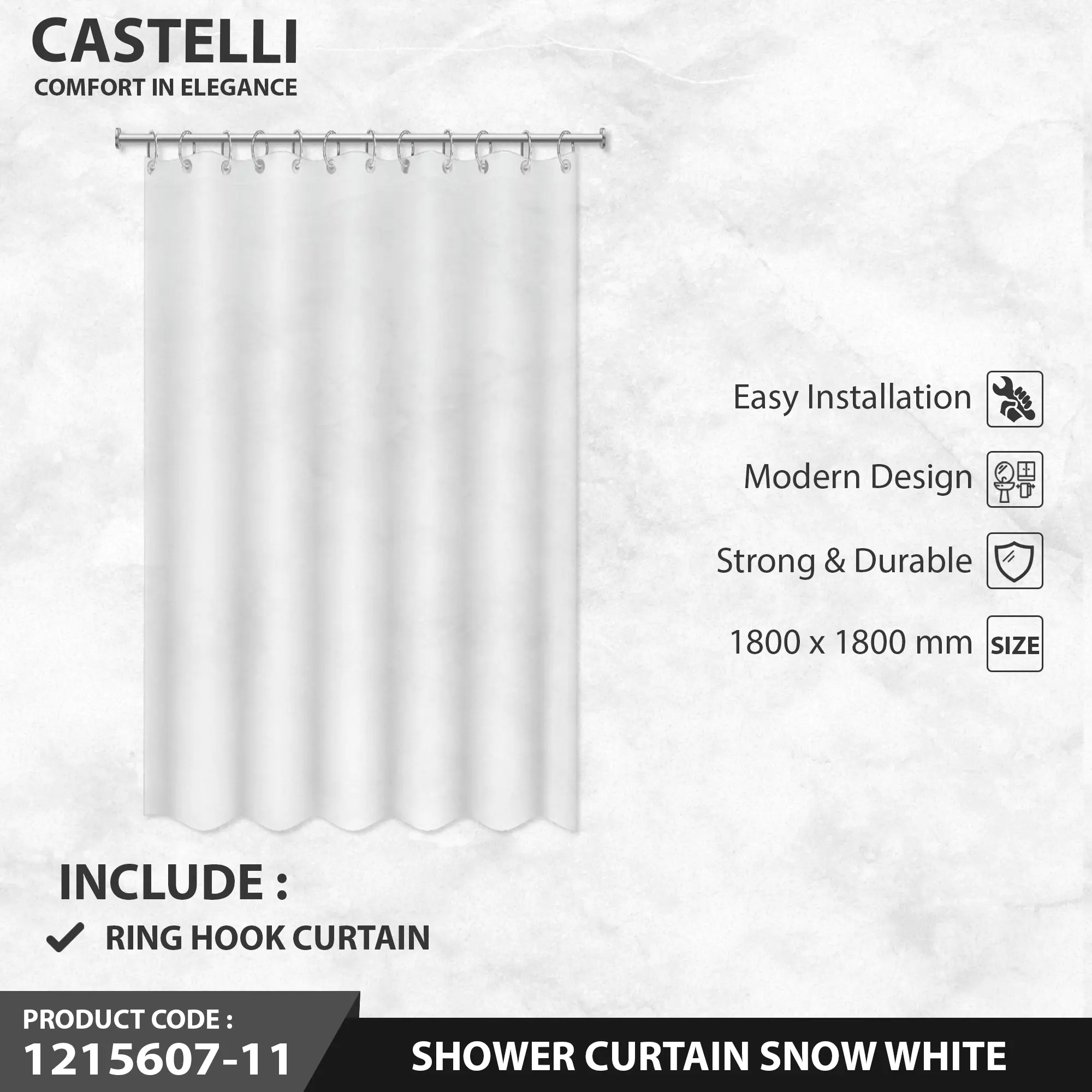 CASTELLI 1215607-11 Kain Tirai Kamar Mandi Shower Curtain Snow White