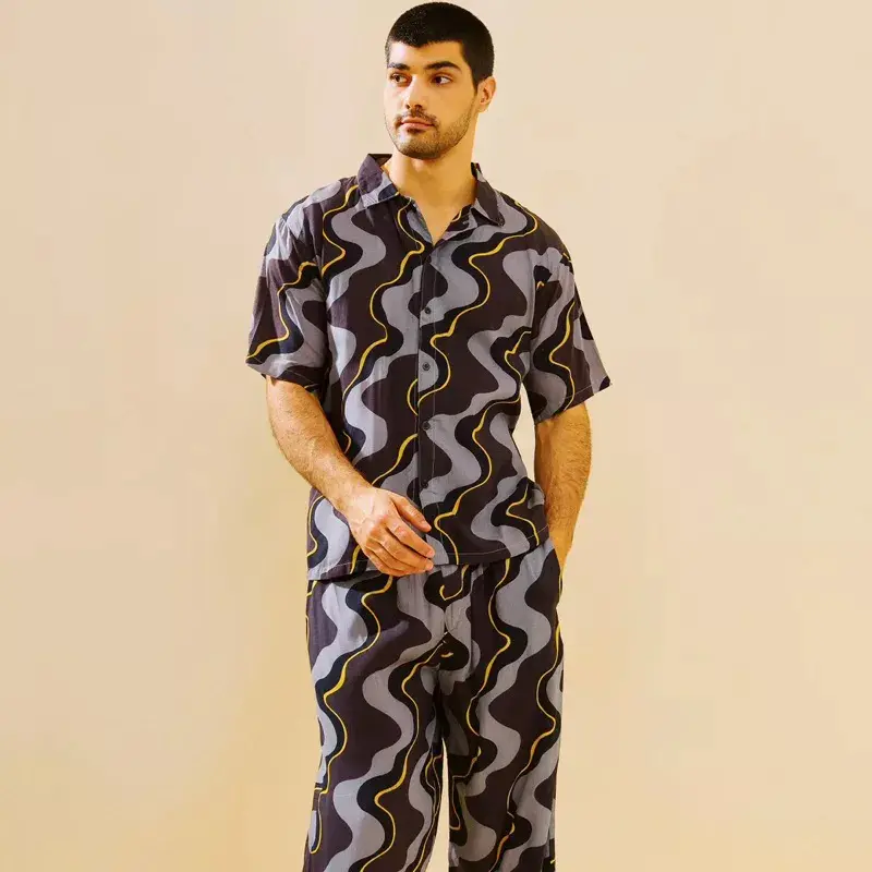 Setelan Piyama Panjang Motif Abstrak Celana Panjang Baju Tidur Pria 1
