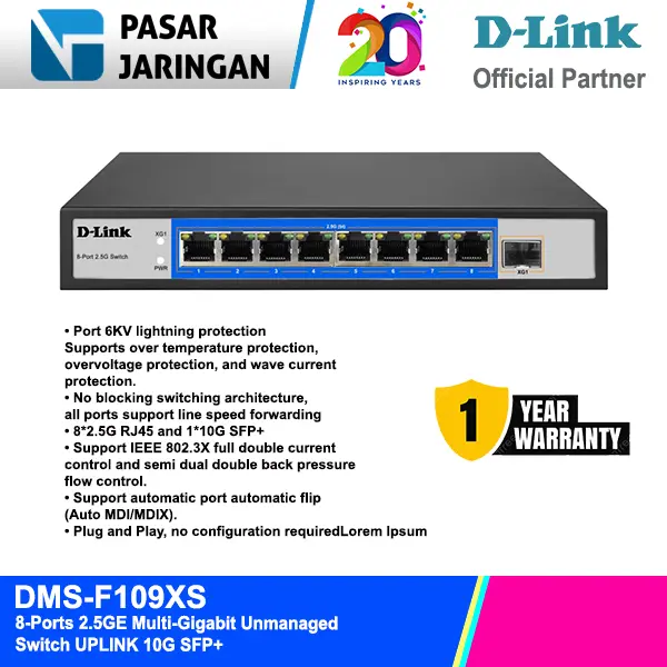 D-LINK DMS-F109XS 9-Port 2.5G / 10G Multi-Gigabit Desktop Switch SFP+ 1