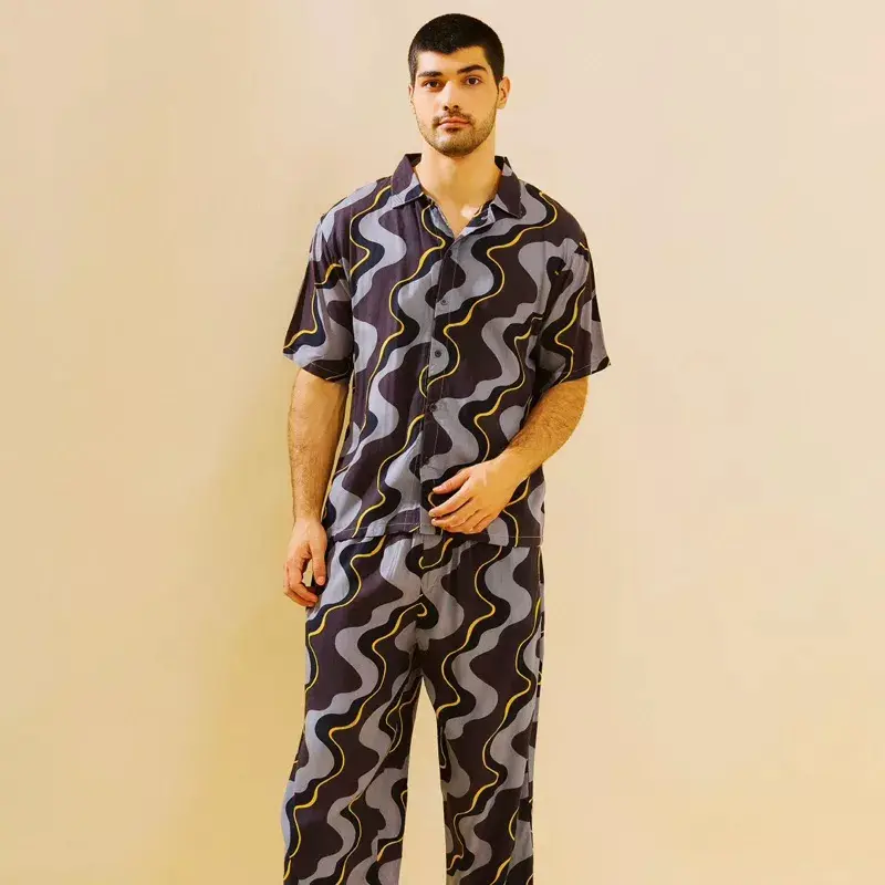Setelan Piyama Panjang Motif Abstrak Celana Panjang Baju Tidur Pria 0