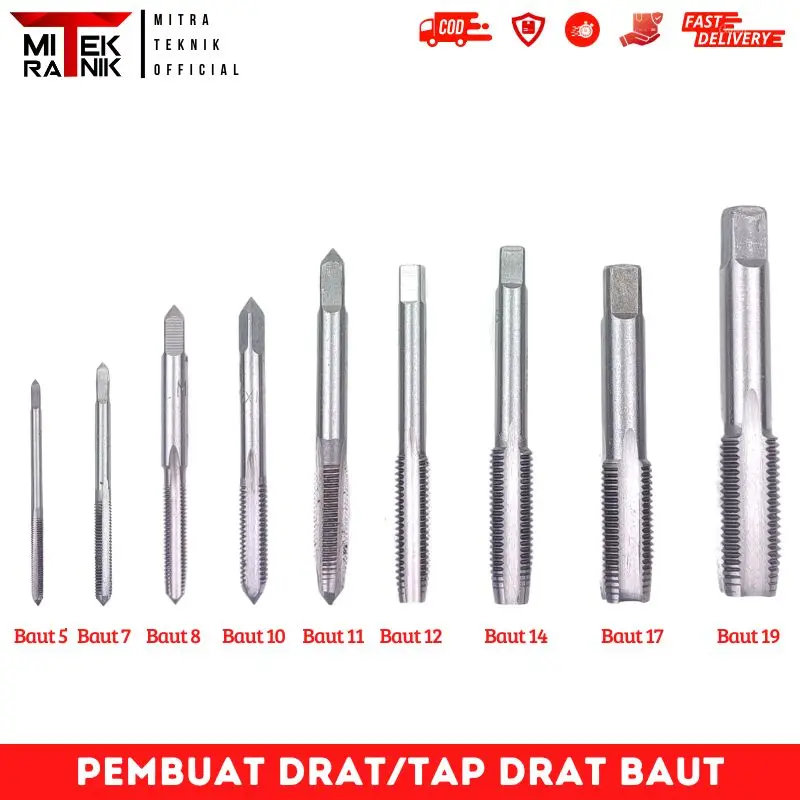 Tap M3-M14 Alat Pembuat Drat Baut Tap Baut 5 7 8 10 11 12 14 17 19 HSS New