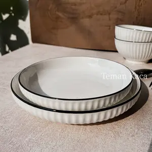 Piring Keramik Putih 17.5cm dan 20cm | Piring Embos Jepang