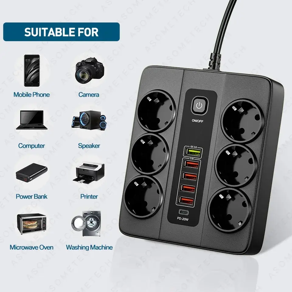 Stopkontak, 3000W 6 AC stasiun pengisian USB, kabel ekstensi 2M PD 20W
