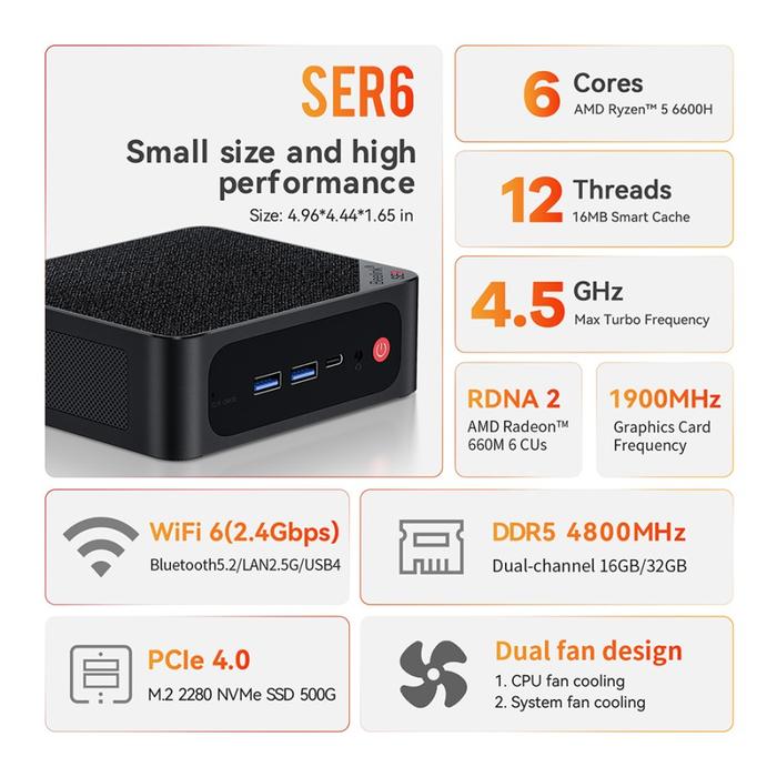 Jual Mini PC Beelink SER6 6600H AMD Ryzen5 16/500GB HDMI DP