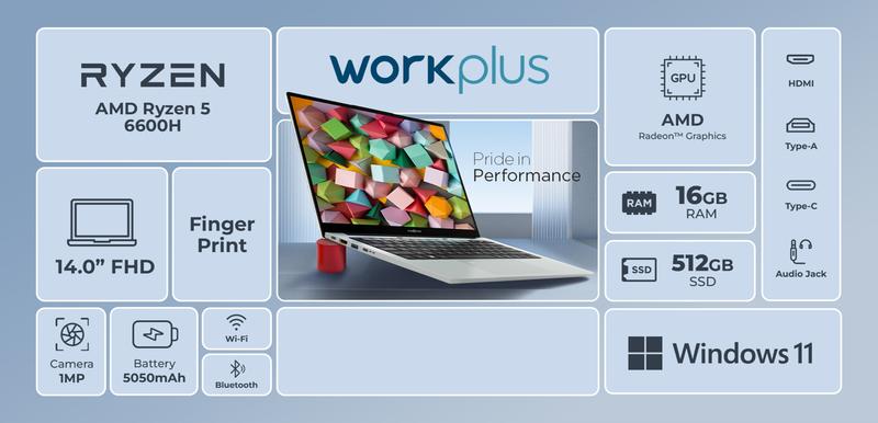 LAPTOP ADVAN WORKPLUS AMD RYZEN 5 6600H/16GB/512GB/14”FHD/W11 2