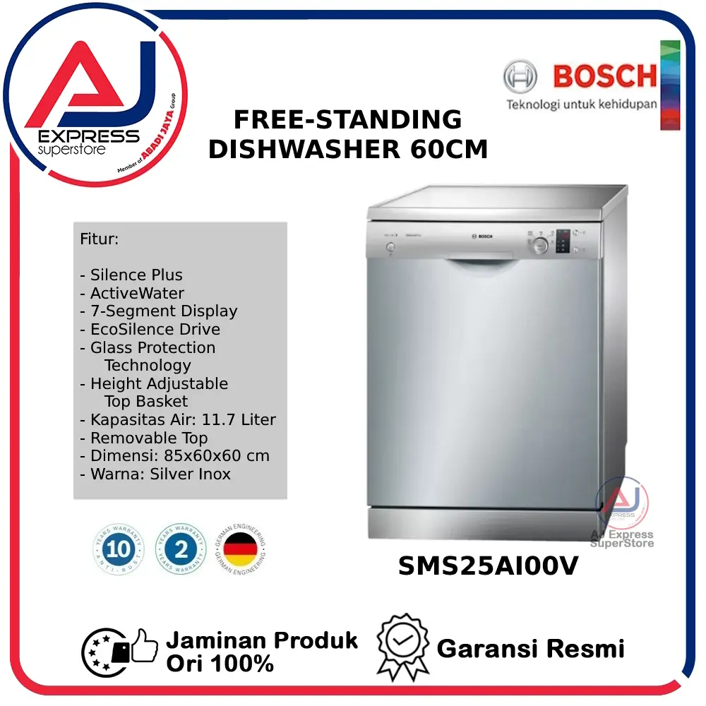 BOSCH FREE-STANDING DISHWASHER 60CM SMS25AI00V SERI 2 SILVER INOX