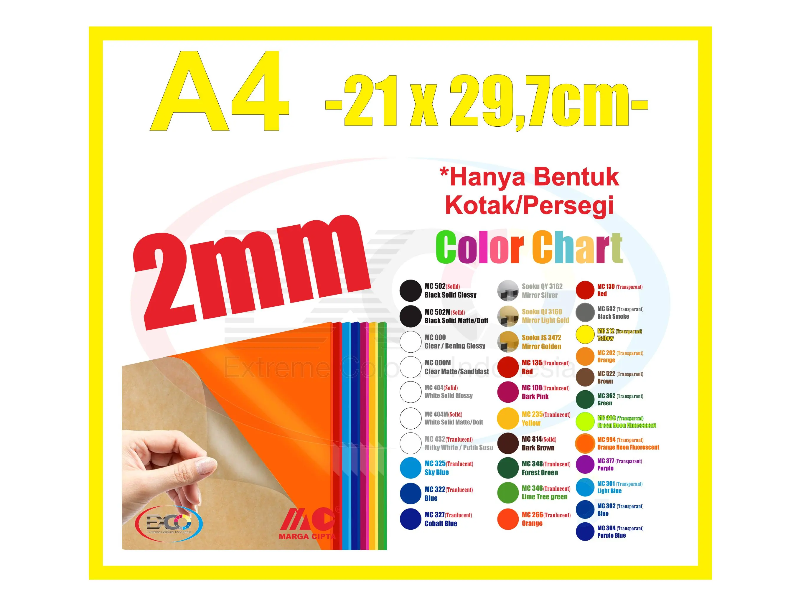 Akrilik lembaran 2mm Ukuran A4 (21x29,7cm) Warna Komplit