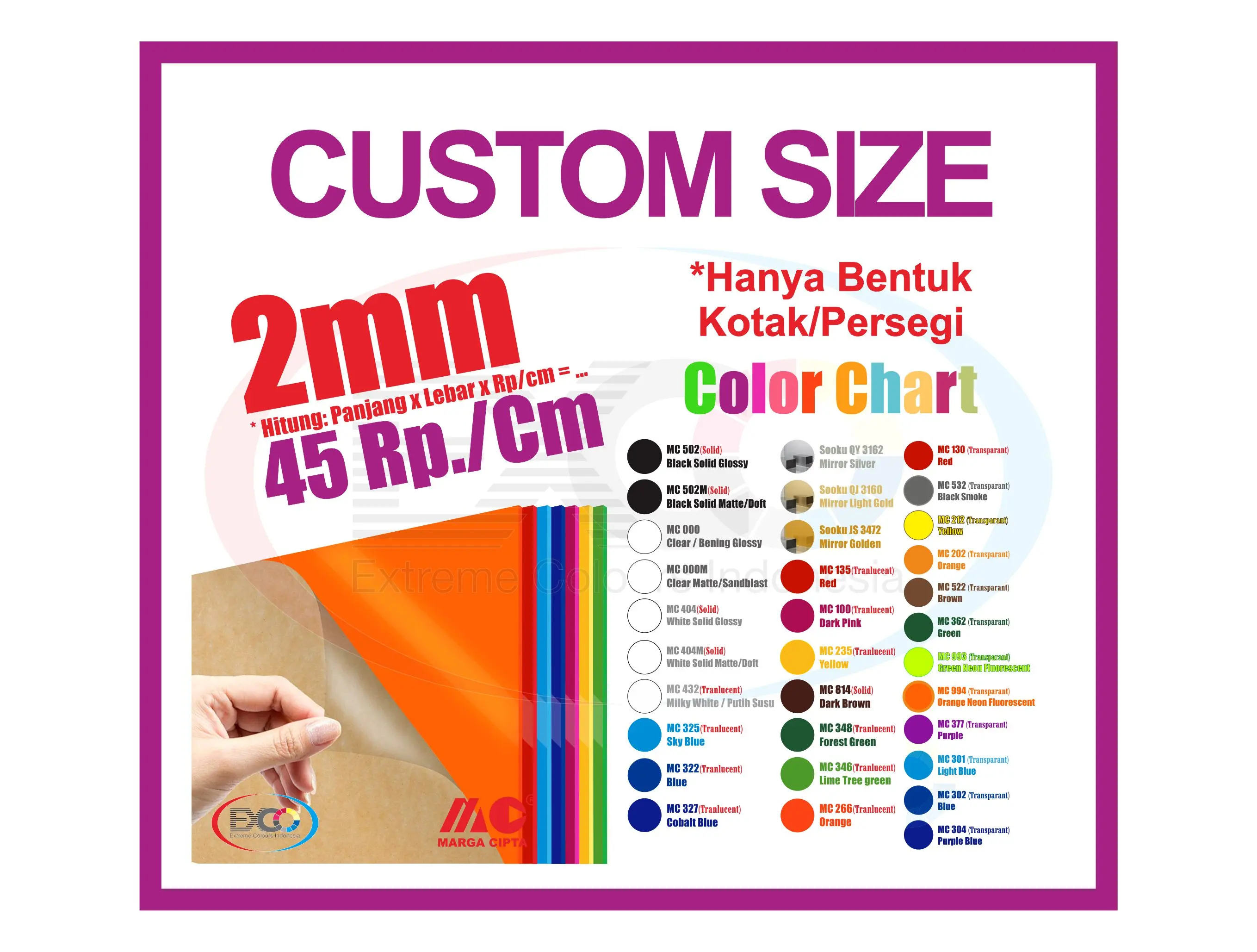 Akrilik lembaran 2mm Custom Size Warna Komplit
