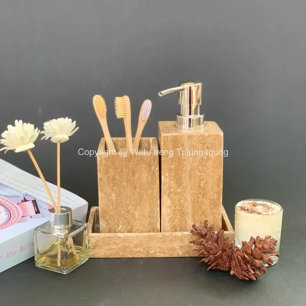Bath Set Marble Dispenser Soap Travertine | Bathroom Set Travertine