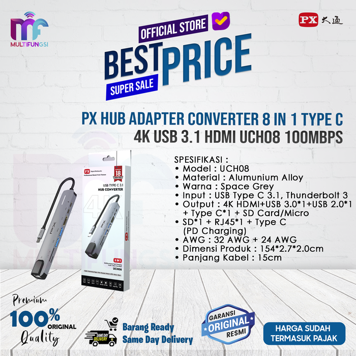 Gambar PX Hub Adapter Converter 8 in 1 Type C 4K USB 3.1 HDMI UCH08 100Mbps dari Multifungsi Online Kota Administrasi Jakarta Pusat Tokopedia