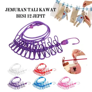 Tali Jemuran Elastis 12 Klip Jepitan / Gantungan Baju Kaos Kaki
