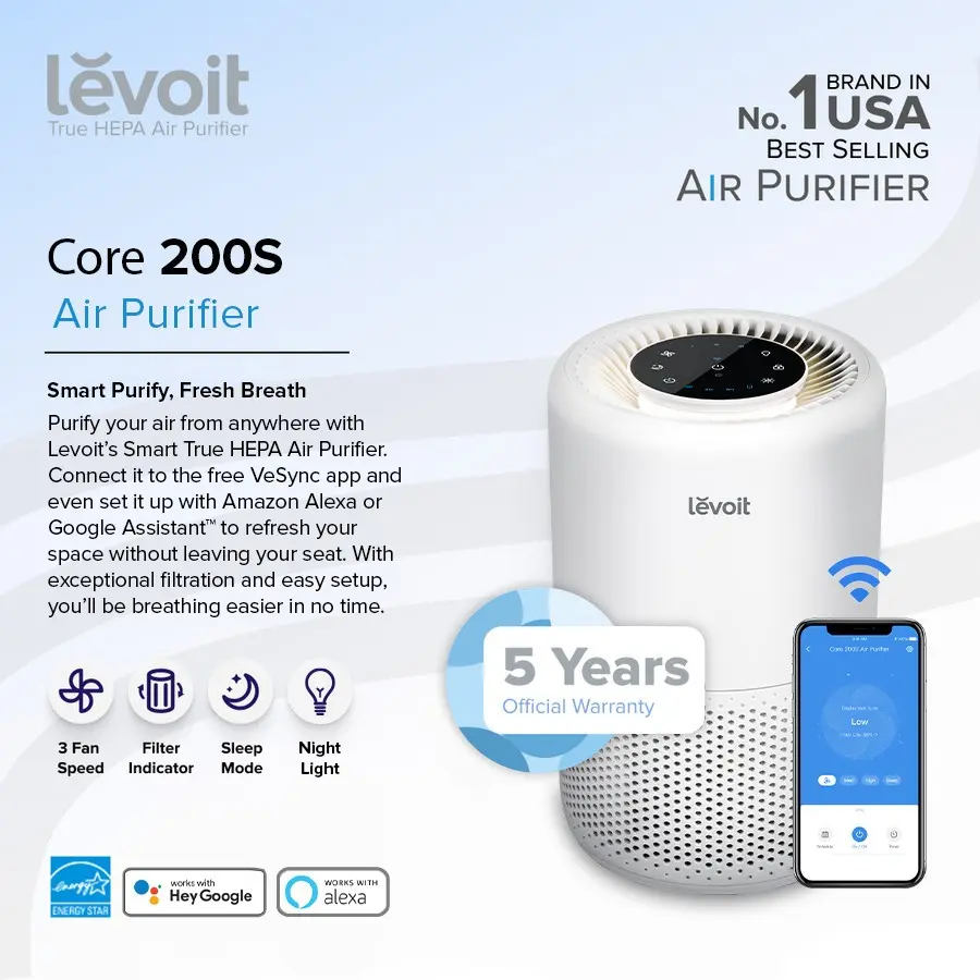 Levoit Core 200S Smart WIFI True HEPA Air Purifier Penyaring Udara