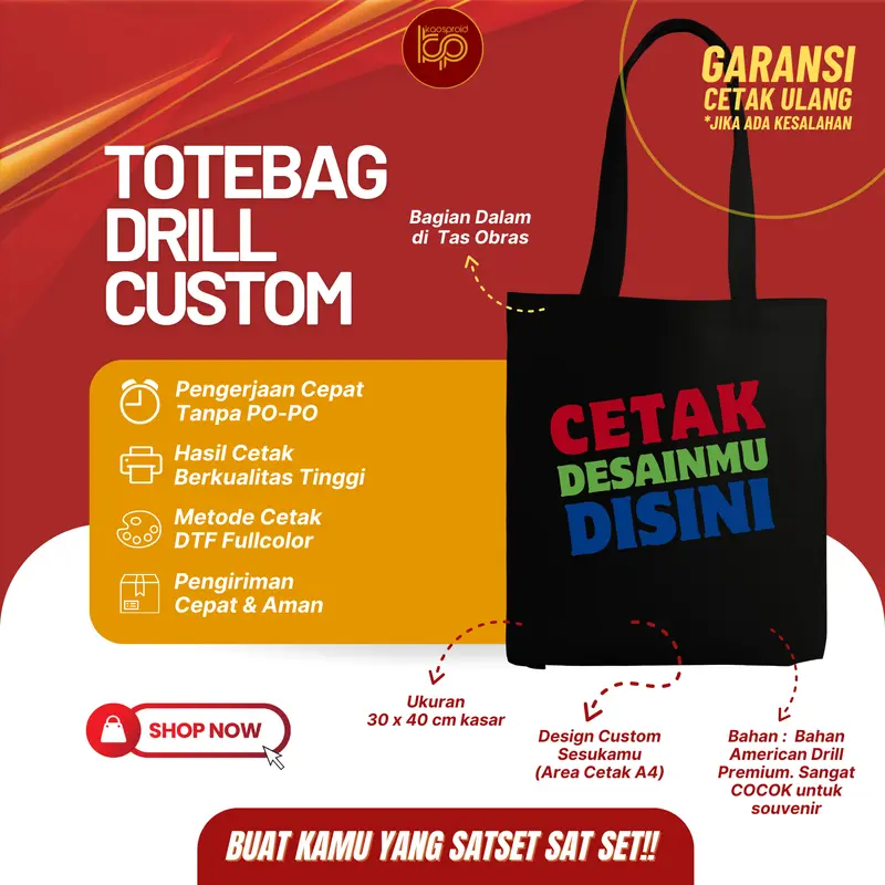 Totebag Custom Hitam Sablon Tote Bag Drill Goodie Bag Express 30X40CM 0